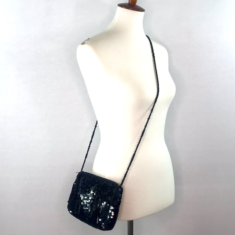 Vintage Black Sequin Beaded Crossbody Evening Bag Purse